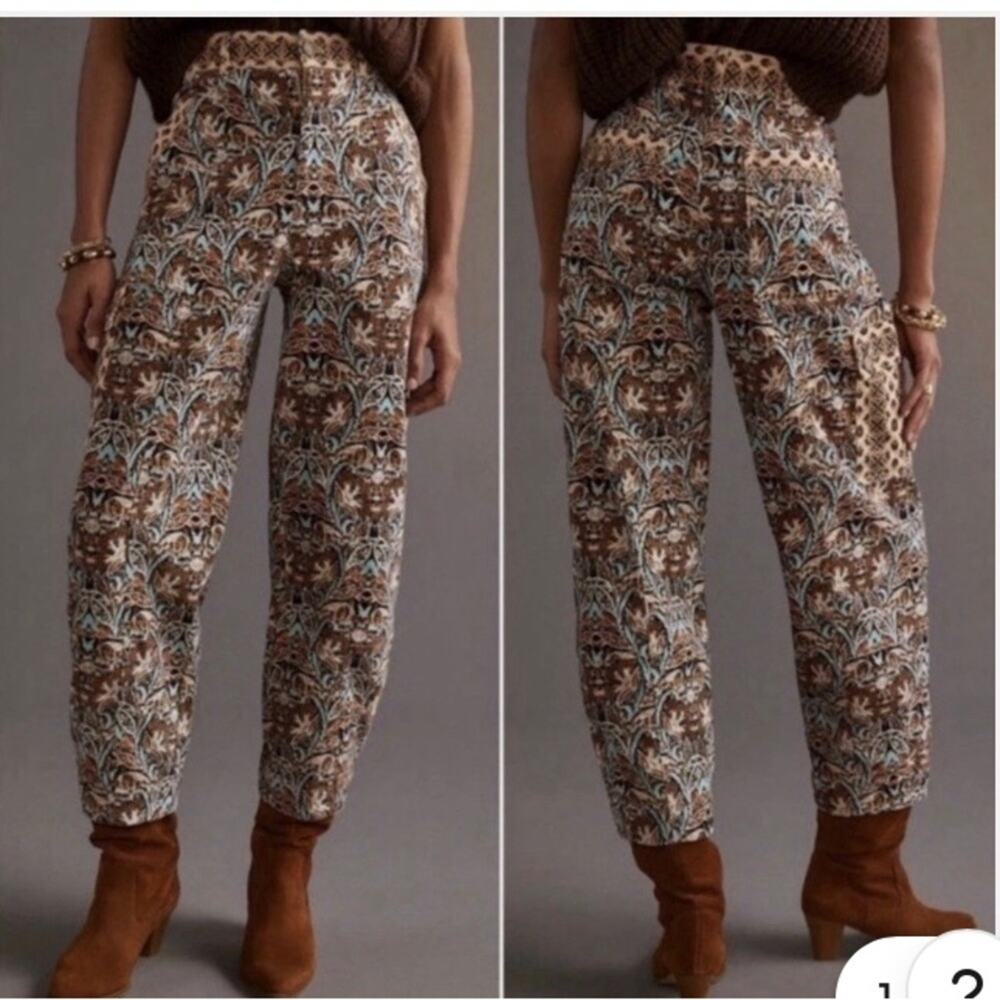 Anthropologie barrel leg velvet corduroy cargo pants paisley floral print sz 2